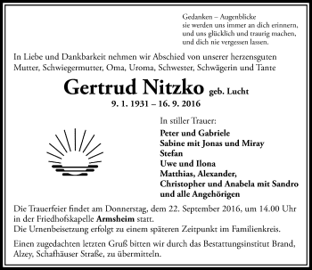 Traueranzeige von Gertrud Nitzko von Trauerportal Rhein Main Presse
