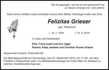 Traueranzeige von Felizitas Grieser von Trauerportal Echo Online