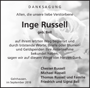 Traueranzeige von Inge Russell von  Gelnhäuser Tageblatt