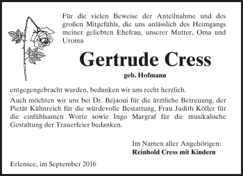 Traueranzeige von Gertrude Cress von  Gelnhäuser Tageblatt