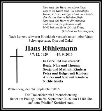 Traueranzeige von Hans Rühlemann von  Gießener Anzeiger