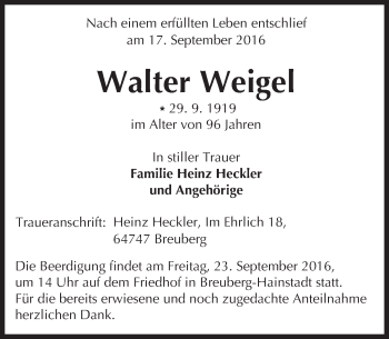 Traueranzeige von Walter Weigel von Trauerportal Echo Online