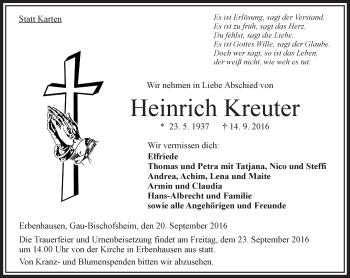 Traueranzeige von Heinrich Kreuter von VRM Trauer