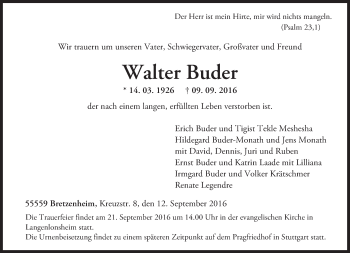 Traueranzeige von Walter Buder von Trauerportal Rhein Main Presse