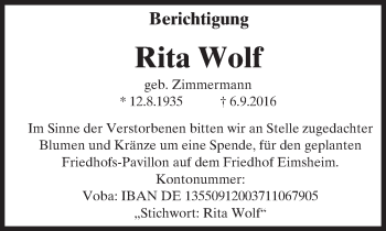 Traueranzeige von Rita Wolf von Trauerportal Rhein Main Presse