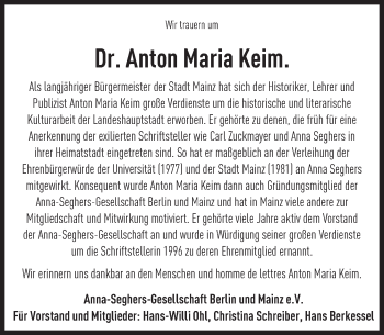 Traueranzeige von Anton Maria  Keim von Trauerportal Rhein Main Presse