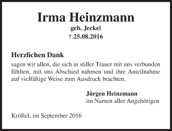 Traueranzeige von Irma Heinzmann von Trauerportal Rhein Main Presse