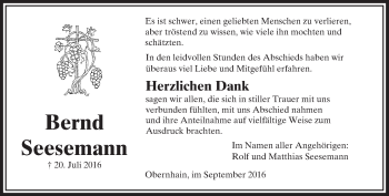 Traueranzeige von Bernd Seesemann von  Usinger Anzeiger