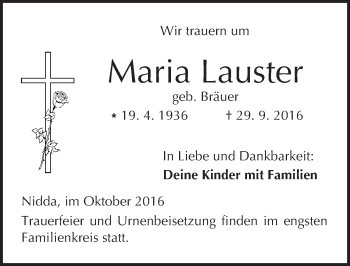 Traueranzeige von Maria Lauster von  Kreisanzeiger