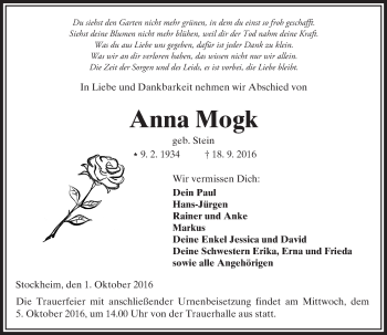 Traueranzeige von Anna Mogk von  Kreisanzeiger