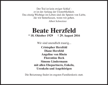 Traueranzeige von Beate Herzfeld von Trauerportal Rhein Main Presse