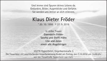 Traueranzeige von Klaus Dieter Fröder von Trauerportal Rhein Main Presse
