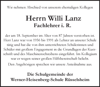 Traueranzeige von Willi Lanz von Trauerportal Rhein Main Presse