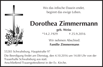 Traueranzeige von Dorothea Zimmermann von Trauerportal Rhein Main Presse