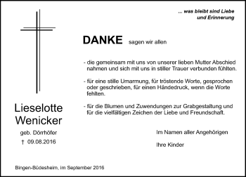 Traueranzeige von Lieselotte Wenicker von Trauerportal Rhein Main Presse