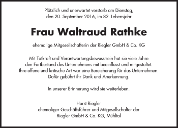 Traueranzeige von Waltraud Rathke von Trauerportal Echo Online