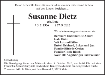 Traueranzeige von Susanne Dietz von Trauerportal Rhein Main Presse