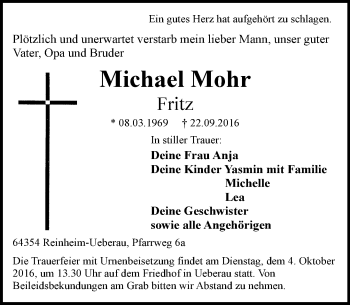 Traueranzeige von Michael Mohr von Trauerportal Echo Online