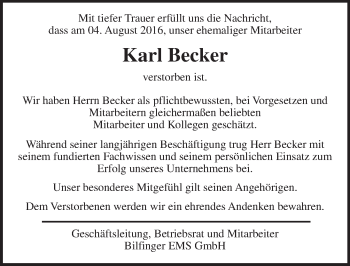Traueranzeige von Karl Becker von  Gießener Anzeiger