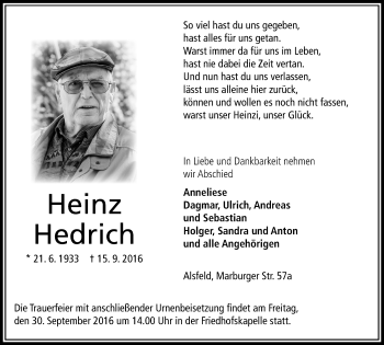 Traueranzeige von Heinz Hedrich von VRM Trauer