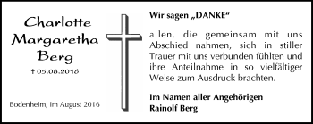 Traueranzeige von Charlotte Margaretha Berg von Trauerportal Rhein Main Presse