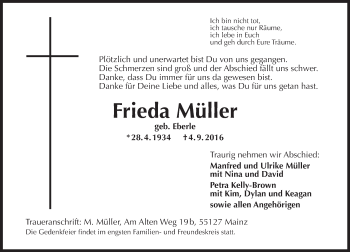 Traueranzeige von Frieda Müller von Trauerportal Rhein Main Presse