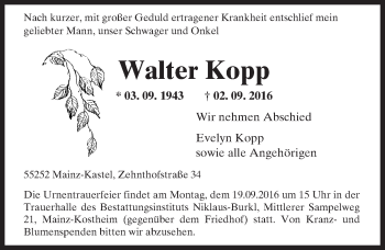 Traueranzeige von Walter Kopp von Trauerportal Rhein Main Presse