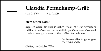 Traueranzeige von Claudia Pennekamp-Gräb von  Gießener Anzeiger