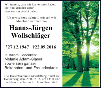 Traueranzeige von Hans-Jürgen Wollschläger von Trauerportal Echo Online