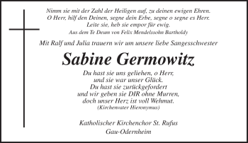 Traueranzeige von Sabine Germowitz von Trauerportal Rhein Main Presse