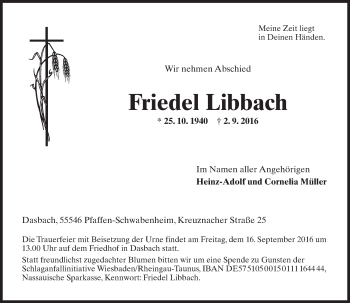 Traueranzeige von Friedel Libbach von Trauerportal Rhein Main Presse
