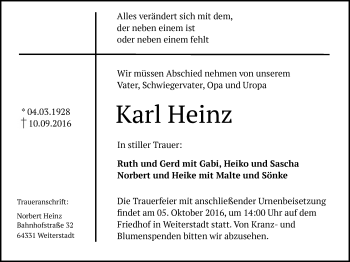 Traueranzeige von Karl Heinz von Trauerportal Echo Online