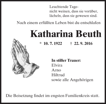Traueranzeige von Katharina Beuth von Trauerportal Echo Online