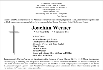 Traueranzeige von Joachim Werner von Trauerportal Rhein Main Presse