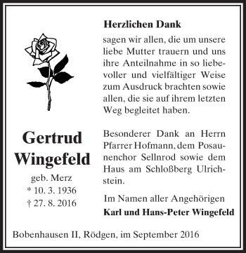 Traueranzeige von Gertrud Wingefeld von  Gießener Anzeiger