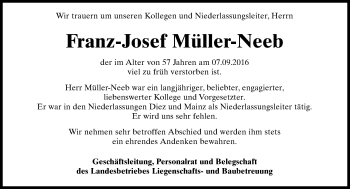 Traueranzeige von Franz-Josef Müller-Neeb von Trauerportal Rhein Main Presse
