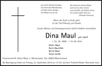 Traueranzeige von Dina Maul von Trauerportal Echo Online