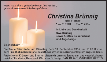 Traueranzeige von Christina Brünnig von Trauerportal Rhein Main Presse