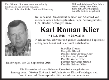 Traueranzeige von Karl Roman Klier von  Gießener Anzeiger