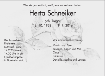 Traueranzeige von Herta Schneiker von Trauerportal Echo Online
