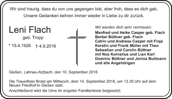 Traueranzeige von Leni Flach von  Gießener Anzeiger