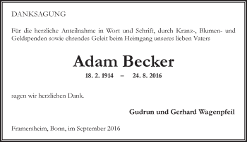 Traueranzeige von Adam Becker von Trauerportal Rhein Main Presse
