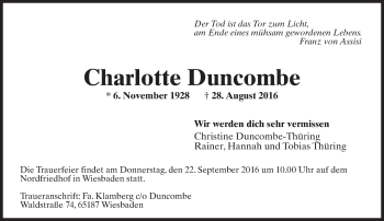 Traueranzeige von Charlotte Duncombe von Trauerportal Rhein Main Presse