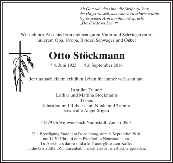 Traueranzeige von Otto Stöckmann von  Usinger Anzeiger