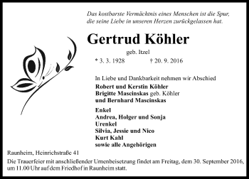 Traueranzeige von Gertrud Köhler von Trauerportal Rhein Main Presse
