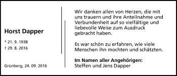 Traueranzeige von Horst Dapper von  Gießener Anzeiger