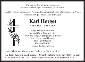 Traueranzeige von Karl Herget von  Kreisanzeiger