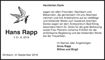 Traueranzeige von Hans Rapp von Trauerportal Echo Online