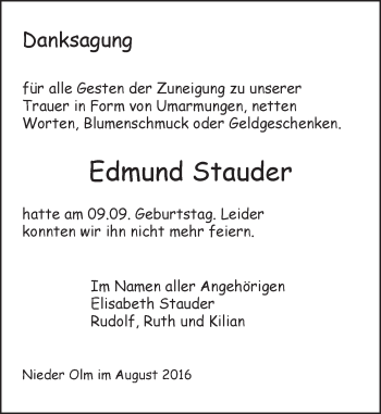 Traueranzeige von Edmund Stauder von Trauerportal Rhein Main Presse