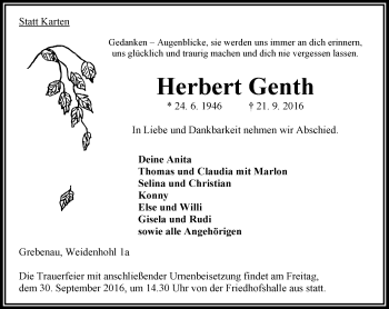 Traueranzeige von Herbert Genth von VRM Trauer
